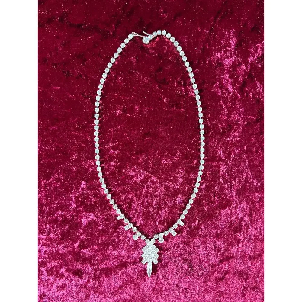 Vintage Collar Choker Necklace Silver Tone Metal Drop Pendant Rhinestones 16.5” - Picture 5 of 5